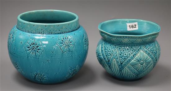 Two Burmantofts turquoise jardinieres tallest 18cm